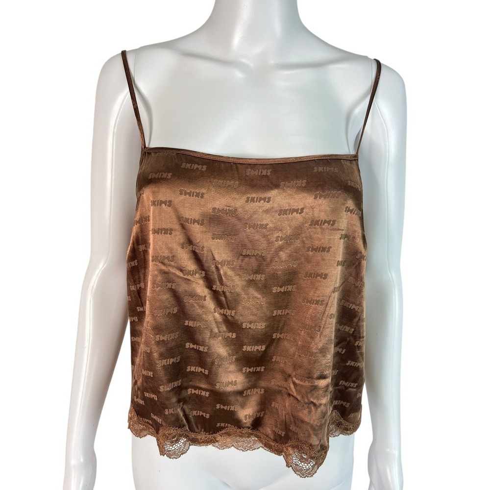 Skims Jacquard Lace Hem Cami Top Shiny Silky Logo Adjustable Bronze Size S NWT